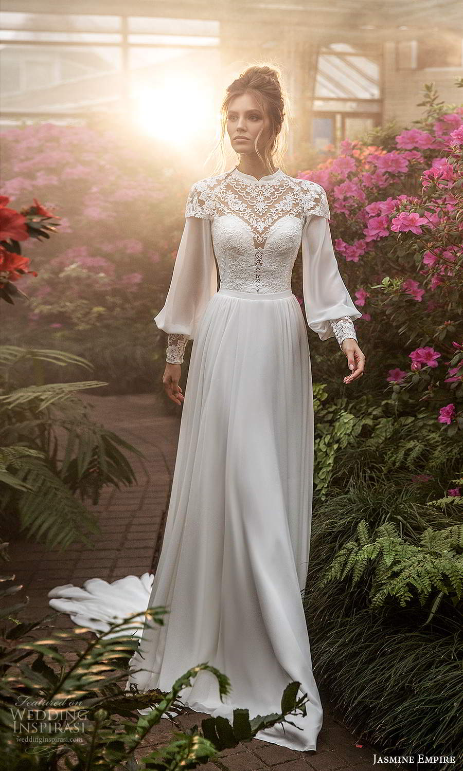 jasmine empire 2021 bridal bishop sleeves high neckline embellished lace bodice a line wedding dress chapel train (24) mv