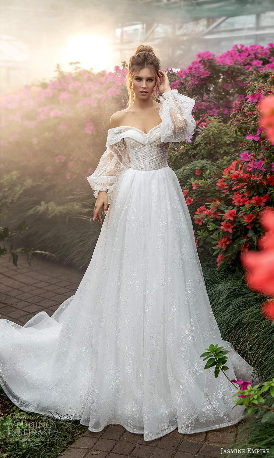 jasmine empire 2021 bridal bishop sleeves off shoulder sweetheart neckline ruched bodice a line ball gown wedding dress chapel train (25) mv