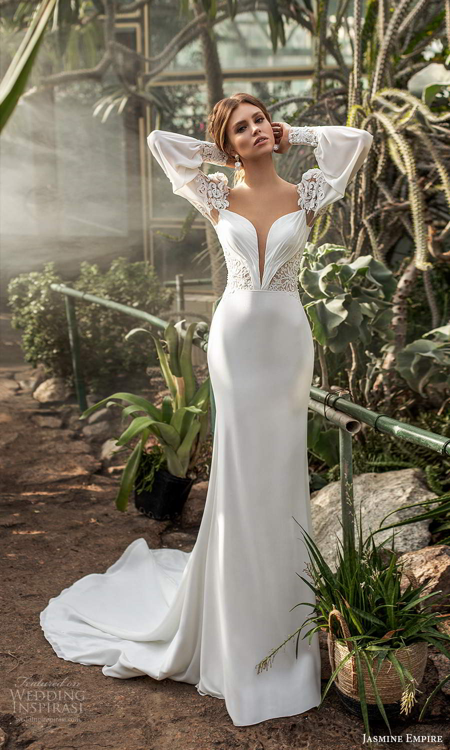 jasmine empire 2021 bridal bishop sleeves plunging vneckline embellished waist sheath column wedding dress chapel train (9) mv