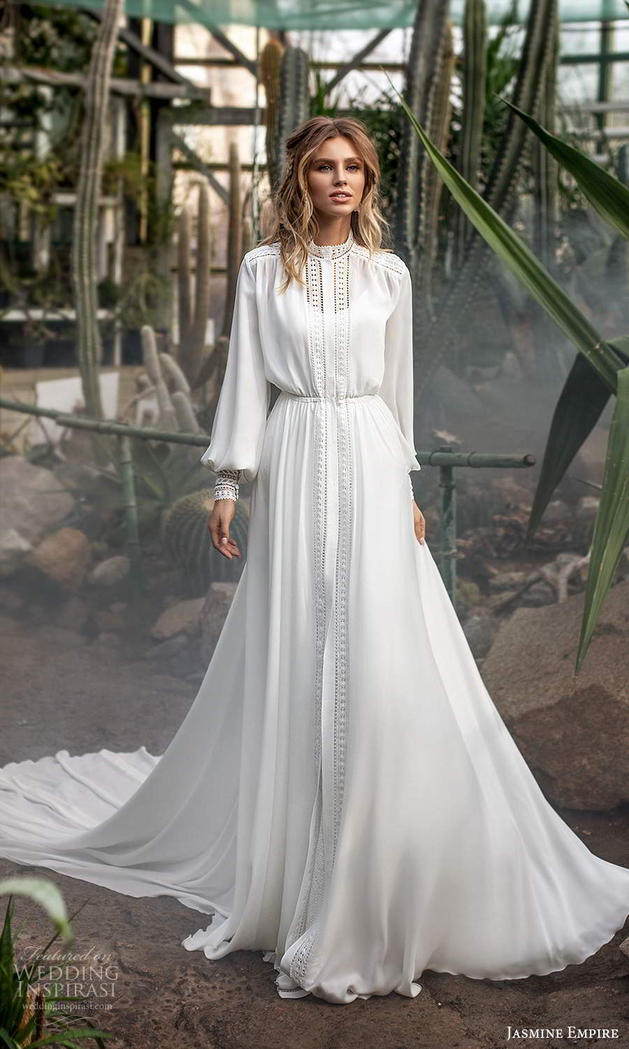 jasmine empire 2021 bridal long bishop sleeves high neckline clean blouson bodice a line wedding dress chapel train (28) mv