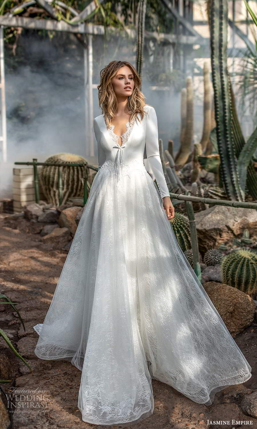 jasmine empire 2021 bridal long sleeves v neckline clean bodice lace skirt a line ball gown wedding dress chapel train (22) mv