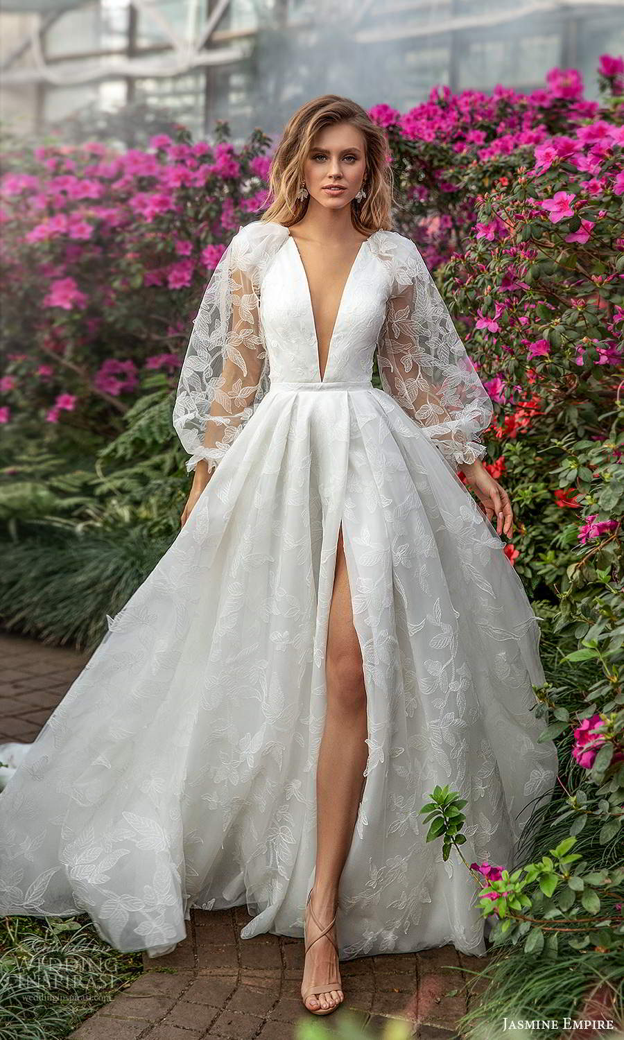 jasmine empire 2021 bridal sheer bishop sleeves plunging v neckline embellished a line ball gown wedding dress chapel train slit skirt (23) mv