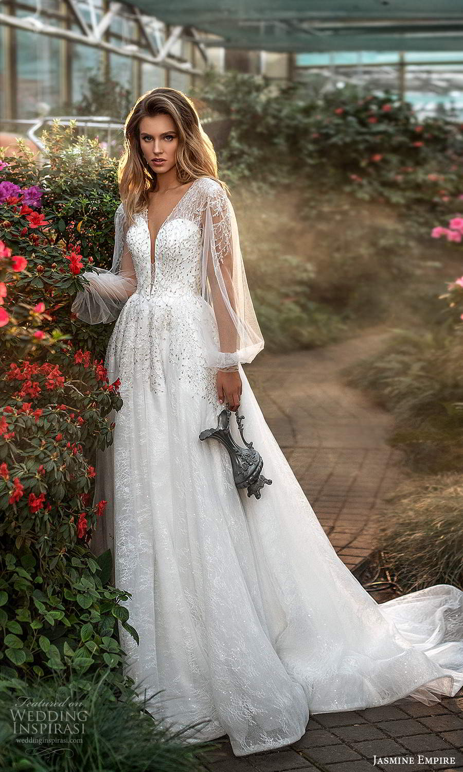 jasmine empire 2021 bridal sheer bishop sleeves plunging v neckline heavily embellished bodice a line ball gown wedding dress chapel train (27) mv