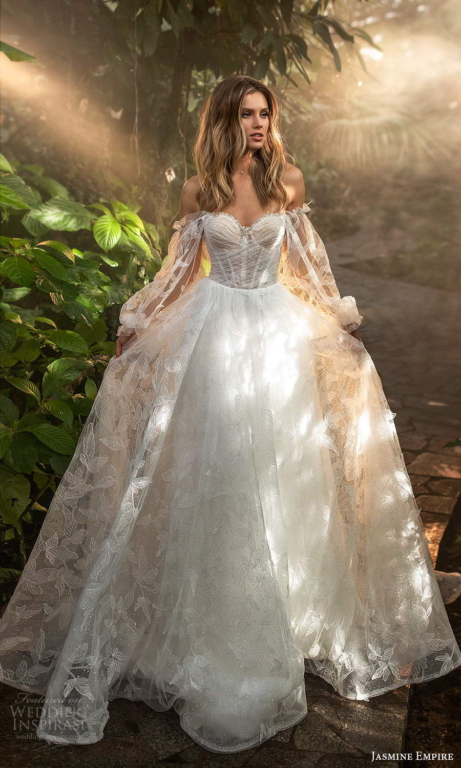 Luxury Ivory Lace Floral Off-Shoulder Empire Wedding Gown