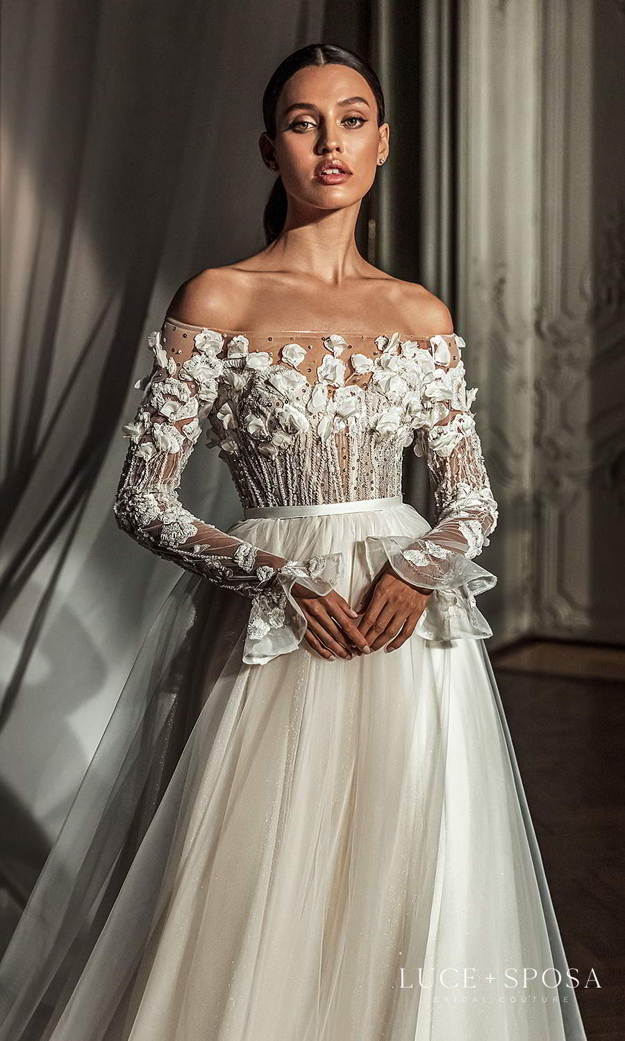 luce sposa 2021 shades of couture bridal flare long sleeves off shoulder straight across neckline heavily embellished bodice a line ball gown wedding dress chapel train (mackenzie) zv