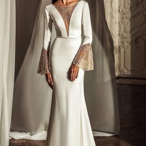 luce sposa 2021 shades of couture bridal flare sleeves plunging v neckline clean minimalist wedding dress chapel train scoop back (parker) mv