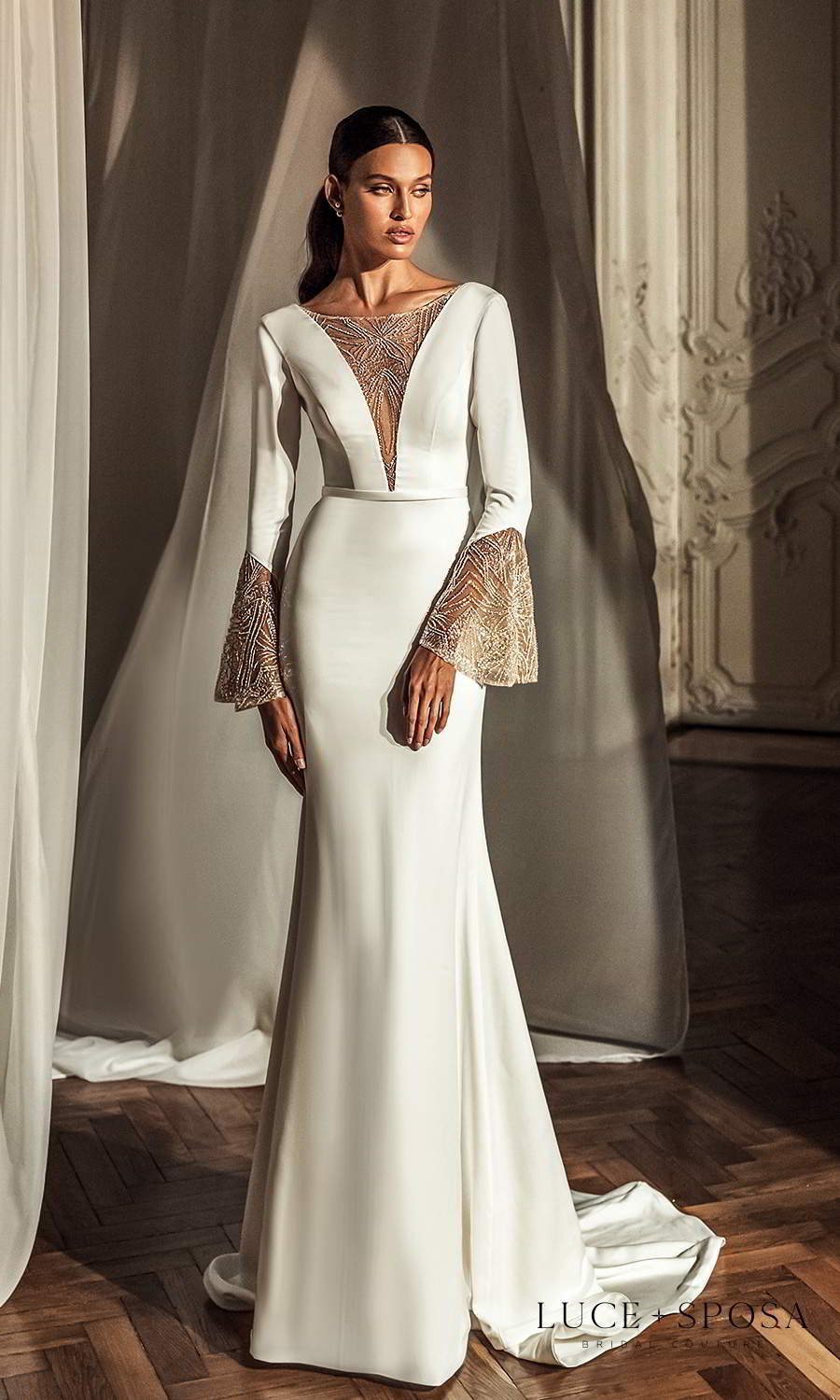 luce sposa 2021 shades of couture bridal flare sleeves plunging v neckline clean minimalist wedding dress chapel train scoop back (parker) mv