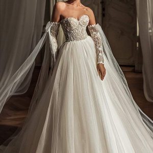 luce sposa 2021 shades of couture bridal long detached sleeves strapless sweetheart neckline heavily embellished bodice a line ball gown wedding dress chapel train (emery) mv
