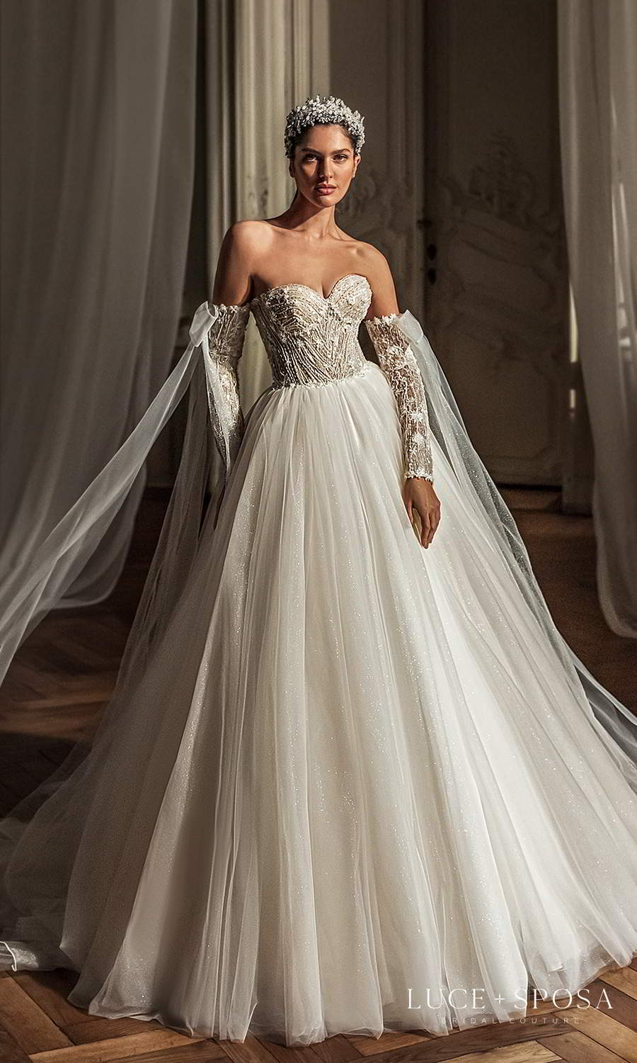 luce sposa 2021 shades of couture bridal long detached sleeves strapless sweetheart neckline heavily embellished bodice a line ball gown wedding dress chapel train (emery) mv