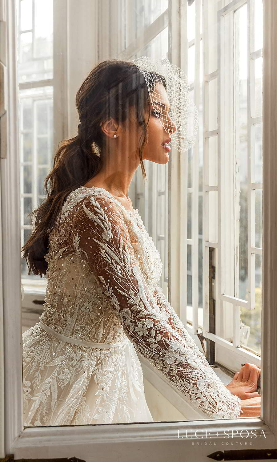 luce sposa 2021 shades of couture bridal long sleeve bateau neckline heavily embellished bodice a line ball gown wedding dress cathedral train champagne (charlotte) zsv