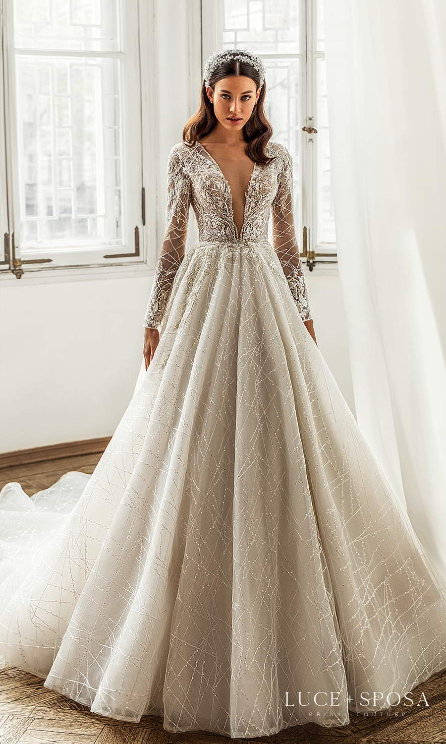 luce sposa 2021 shades of couture bridal long sleeve plunging v neckline fully embellished a line ball gown wedding dress cathedral train (kayley) mv