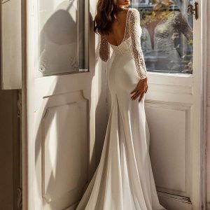 luce sposa 2021 shades of couture bridal long sleeve plunging v neckline heavily embellished bodice clean skirt sheath wedding dress chapel train scoop back (sydney) bv