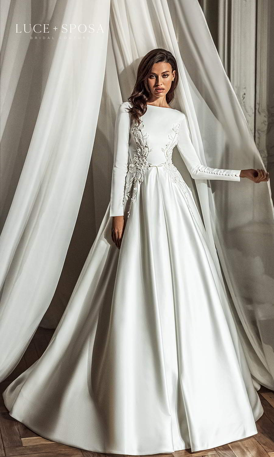 luce sposa 2021 shades of couture bridal long sleeves bateau necklne embellished bodice clean minimalist a line ball gown wedding dress chapel train (sienna) mv