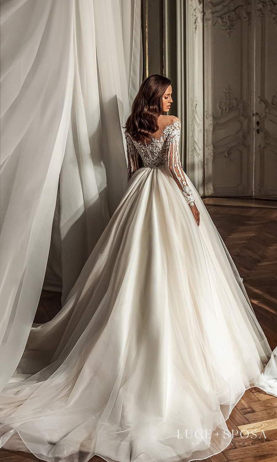 luce sposa 2021 shades of couture bridal long sleeves off shoulder sweetheart neckline heavily embellished bodice a line ball gown wedding dress chapel train (gabriella) bv