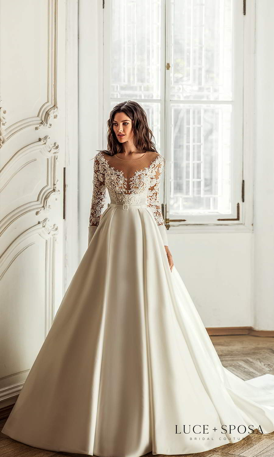 luce sposa 2021 shades of couture bridal long sleeves off shoulder v neckline embellished bodice clean skirt a line ball gown wedding dress chapel train (londyn) mv