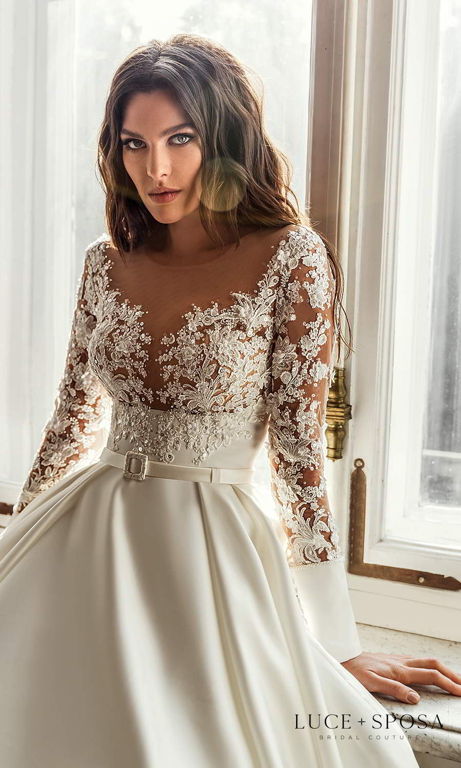 Long Sleeve V-neck A-line Wedding Dress With Lace Bodice And Satin Skirt