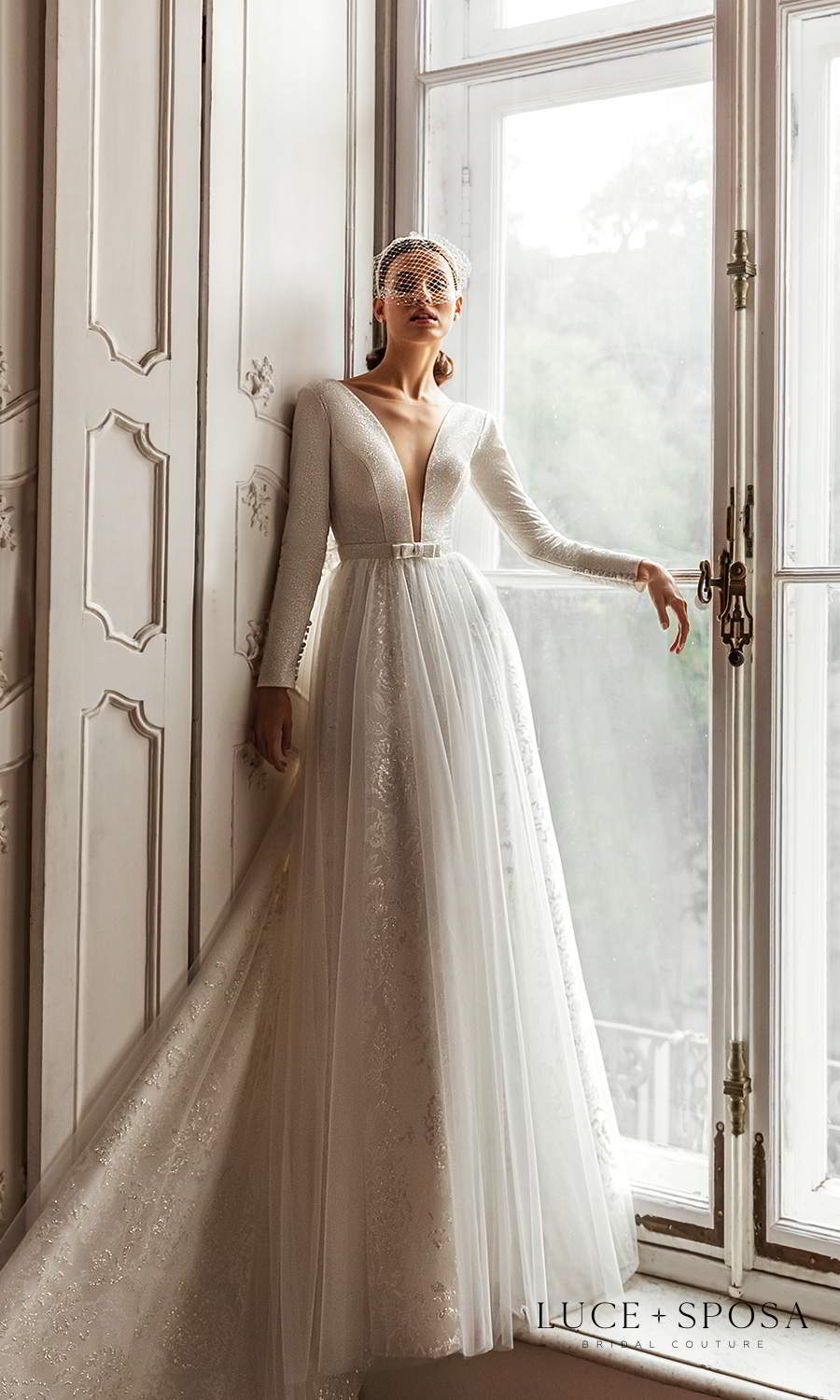 luce sposa 2021 shades of couture bridal long sleeves plunging v neckline embellished a line ball gown wedding dress chapel train (nicole) mv