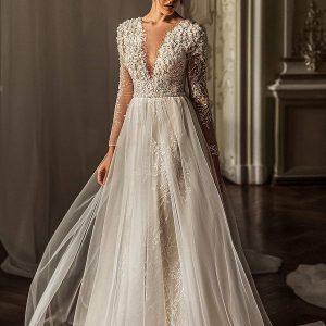 luce sposa 2021 shades of couture bridal long sleeves plunging v neckline heavily embellished bodice a line ball gown wedding dress chapel train (morgan) mv