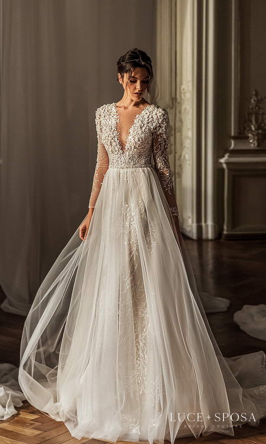 luce sposa 2021 shades of couture bridal long sleeves plunging v neckline heavily embellished bodice a line ball gown wedding dress chapel train (morgan) mv