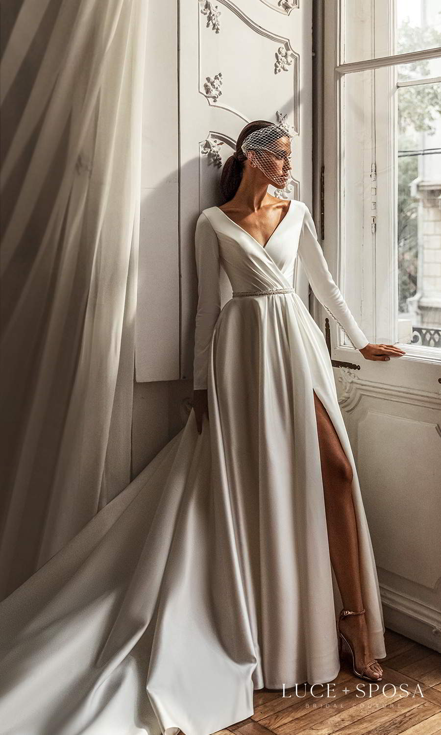 luce sposa 2021 shades of couture bridal long sleeves surplice v neckline clean minimalist a line ball gown wedding dress chapel train (michelle) mv