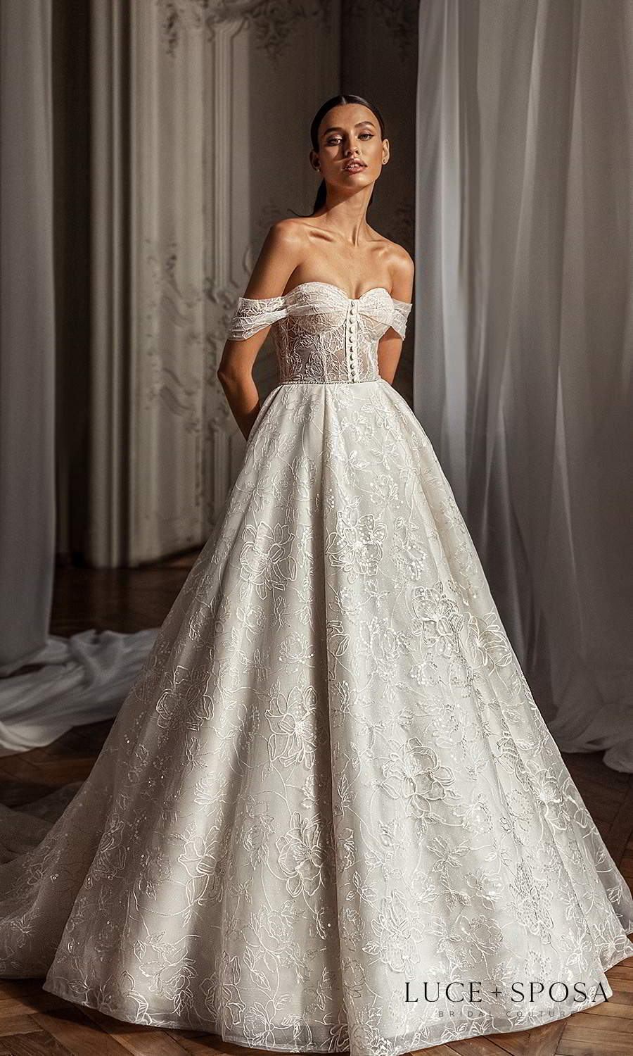 luce sposa 2021 shades of couture bridal off shoulder straps sweetheart neckline fully embellished a line ball gown wedding dress chapel train (olivia) mv