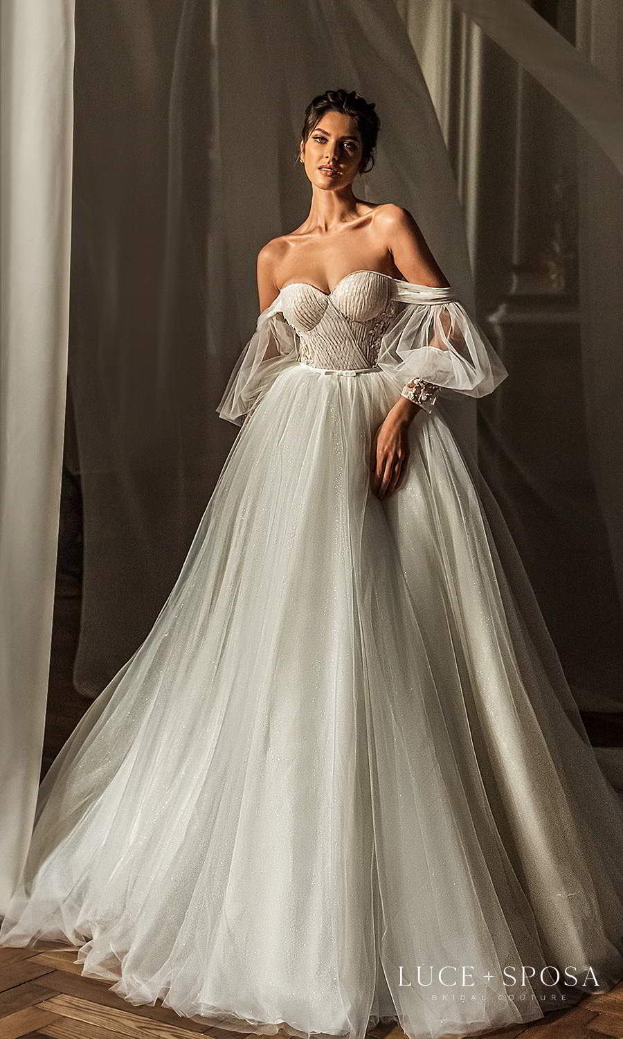 luce sposa 2021 shades of couture bridal sheer billowy sleeves off shoulder sweetheart neckline embellished corset bodice a line ball gown wedding dress (ximena) mv