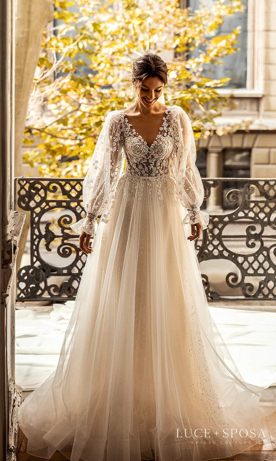 luce sposa 2021 shades of couture bridal sheer bishop sleeves v neckline fully embellished a line ball gown wedding dress boho chic chapel train (eden) mv