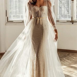 luce sposa 2021 shades of couture bridal strapless sweetheart neckline fully embellished sheath wedding dress sheer long puff sleeve coat sweep train (ariana) mv