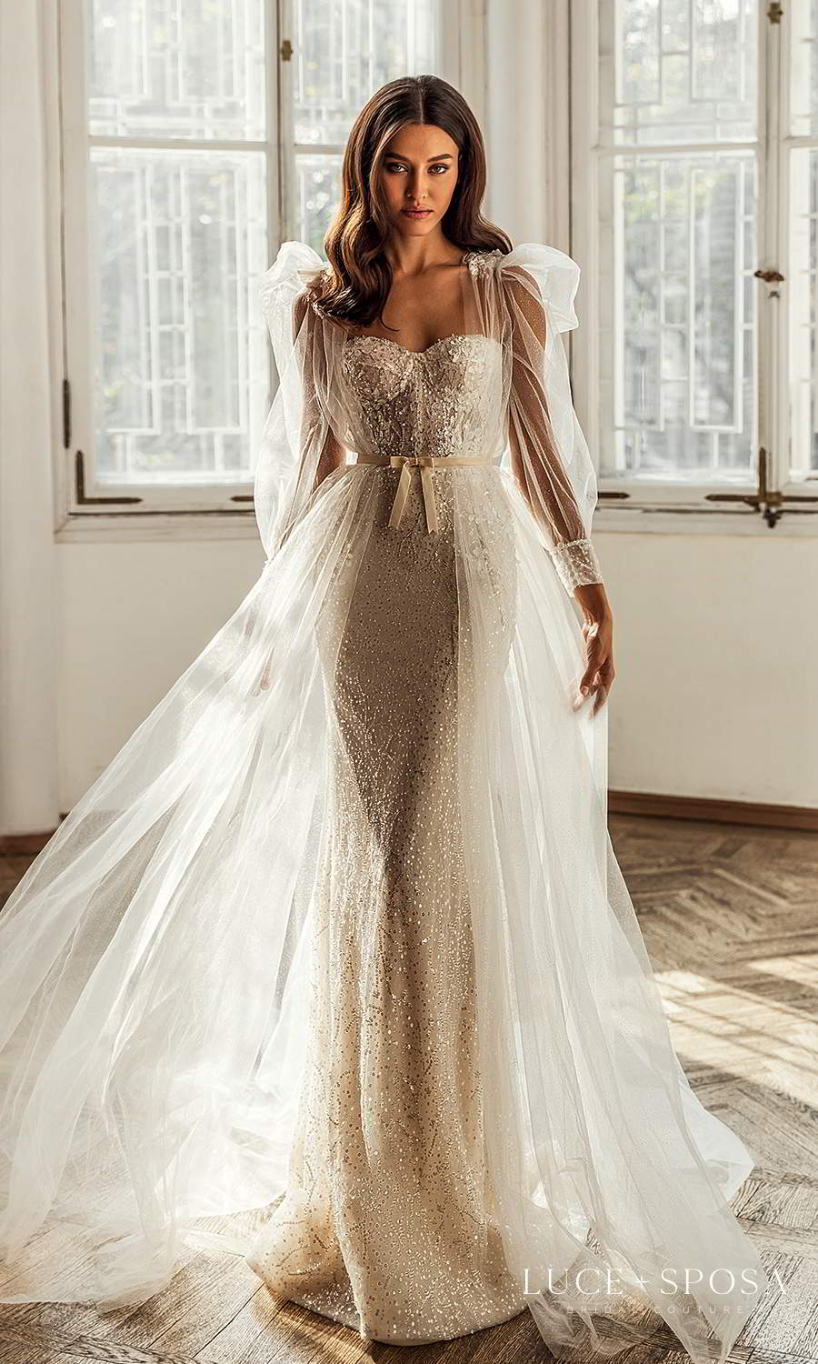 luce sposa 2021 shades of couture bridal strapless sweetheart neckline fully embellished sheath wedding dress sheer long puff sleeve coat sweep train (ariana) mv