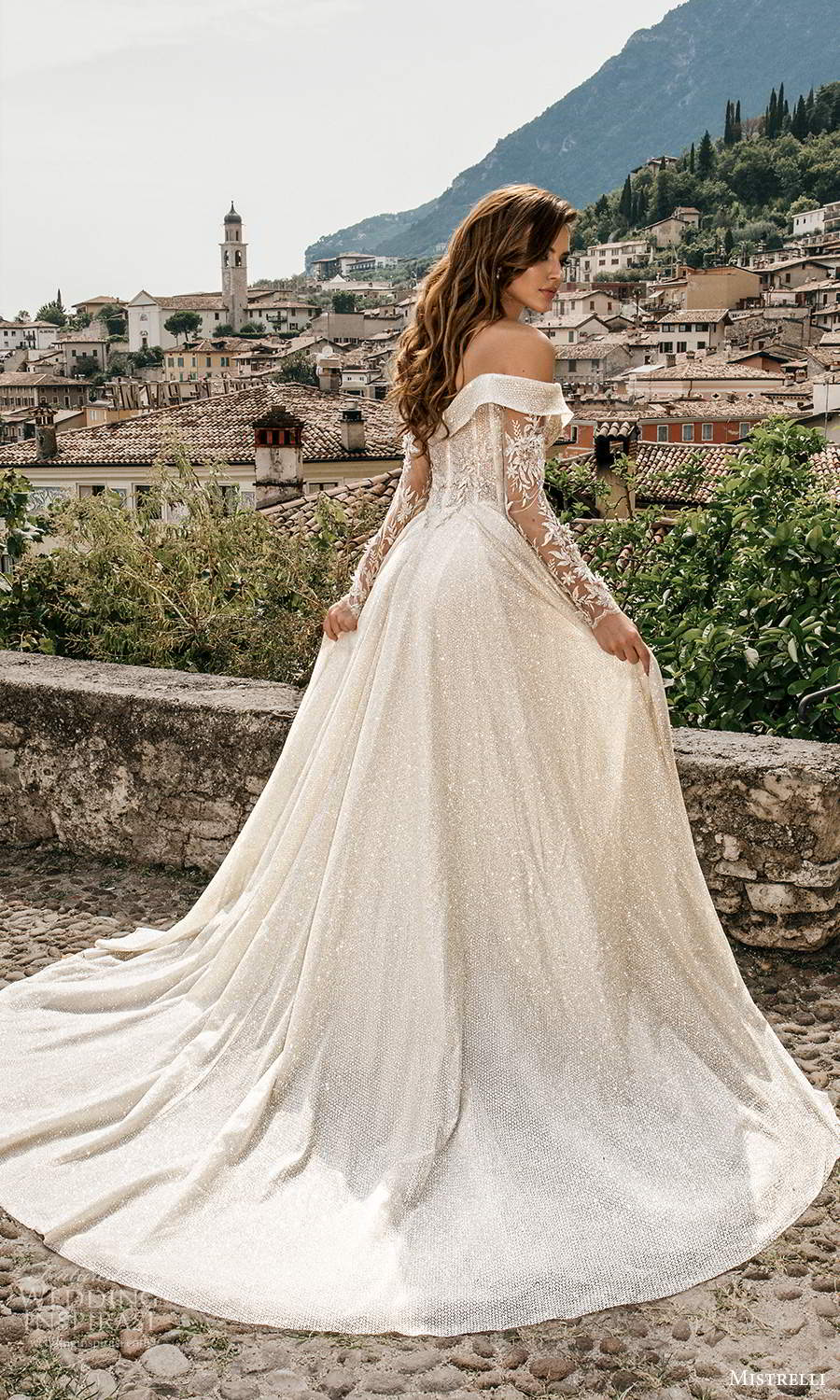 mistrelli 2021 bridal euphoria long sleeves off shoulder sweetheart neckline fully embellished a line ball gown wedding dress chapel train (16) bv