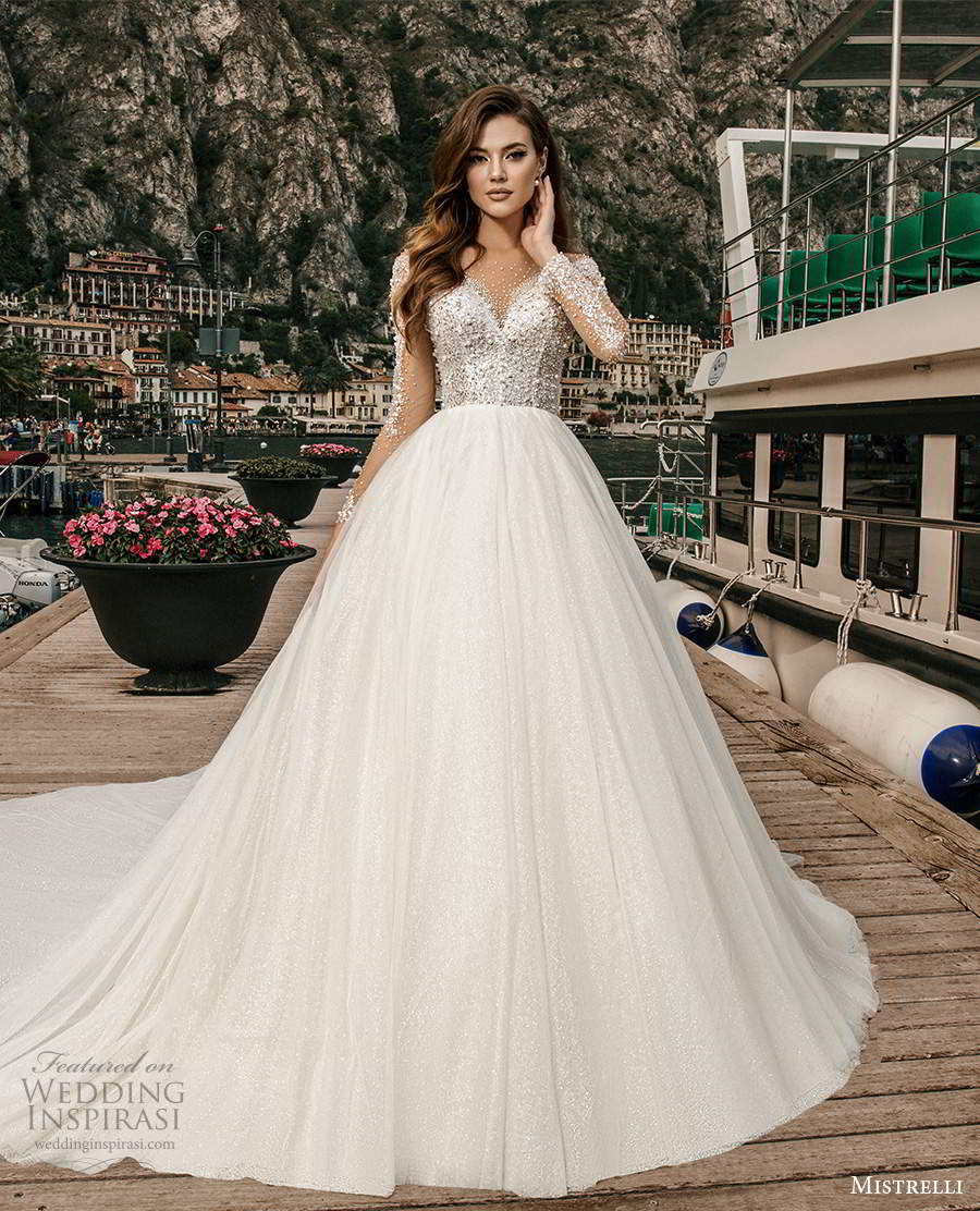 mistrelli 2021 bridal euphoria long sleeves sweetheart neckline heavily embellished bodice a line ball gown wedding dress chapel train (25) mv