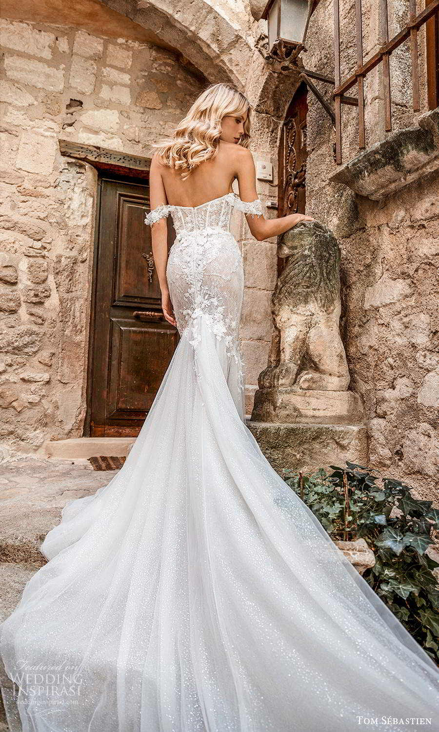 tom sebastien 2021 bridal provence off shoulder straps sweetheart nckline heavily embellished bodice fit flare mermaid wedding dress chapel train (4) bv