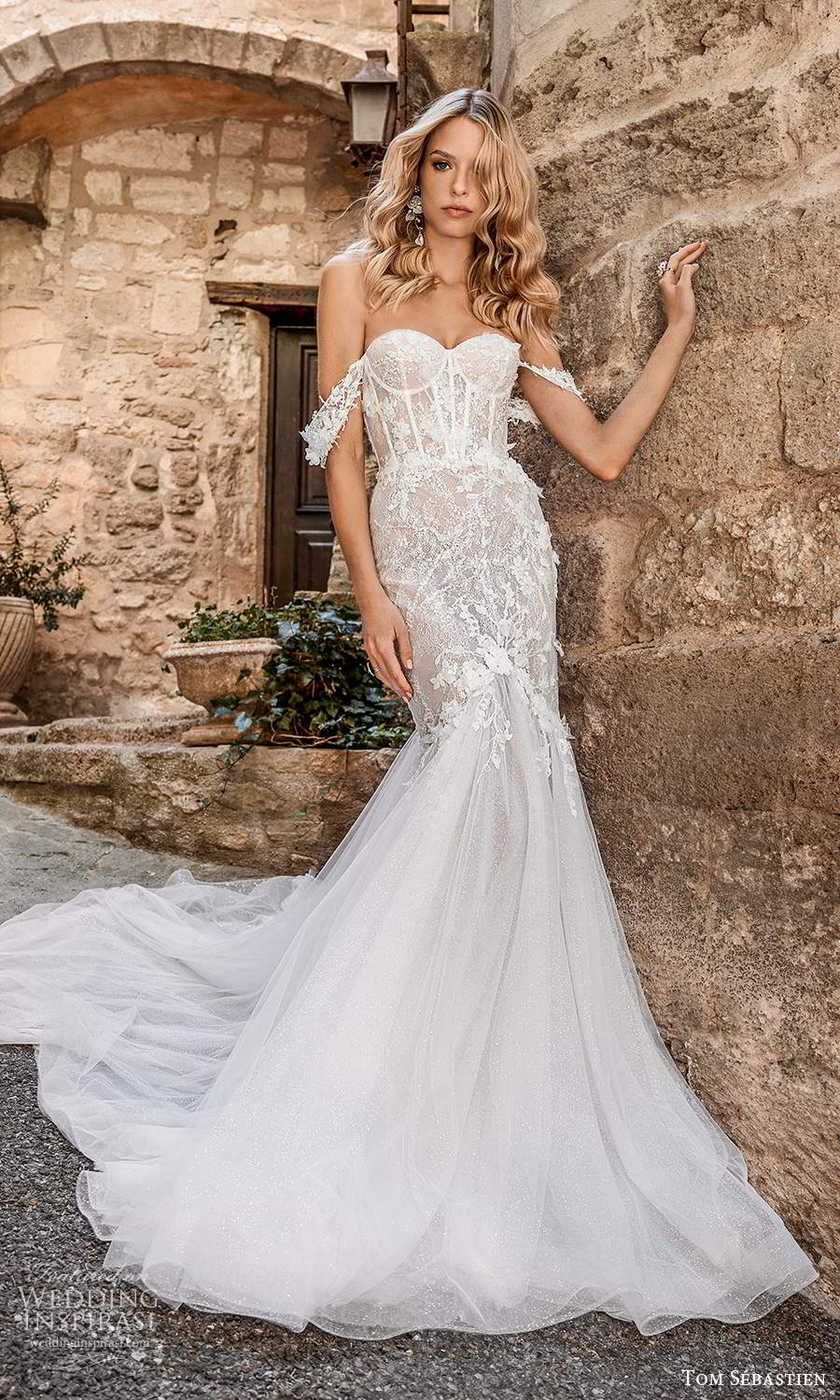 tom sebastien 2021 bridal provence off shoulder straps sweetheart nckline heavily embellished bodice fit flare mermaid wedding dress chapel train (4) mv