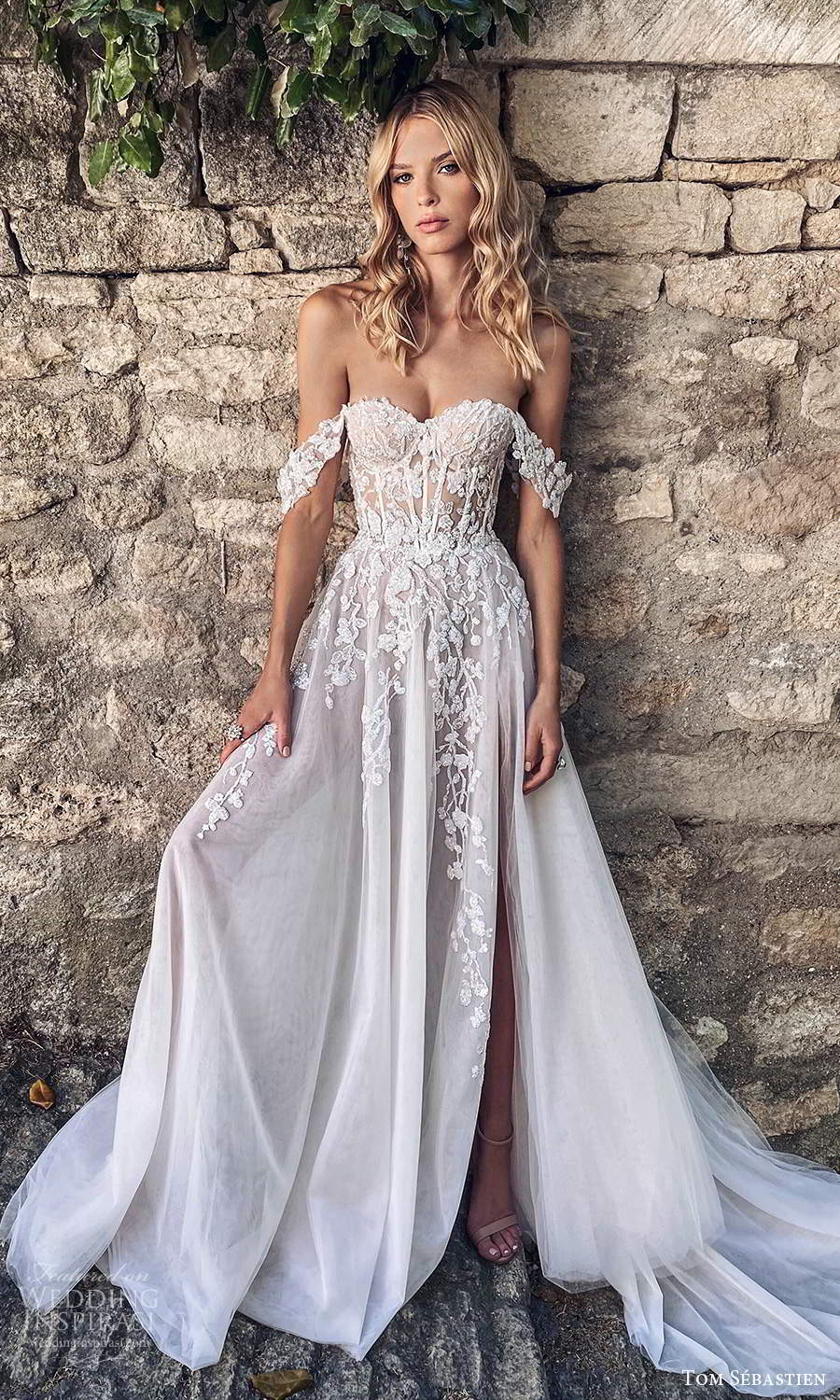 tom sebastien 2021 bridal provence off shoulder straps sweetheart neckline heavily embellished bodice a line ball gown wedding dress chapel train slit skirt (1) fv