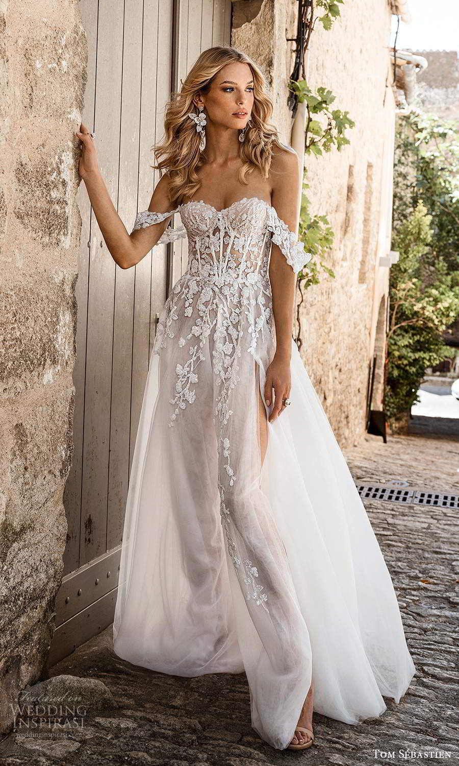 tom sebastien 2021 bridal provence off shoulder straps sweetheart neckline heavily embellished bodice a line ball gown wedding dress chapel train slit skirt (1) mv