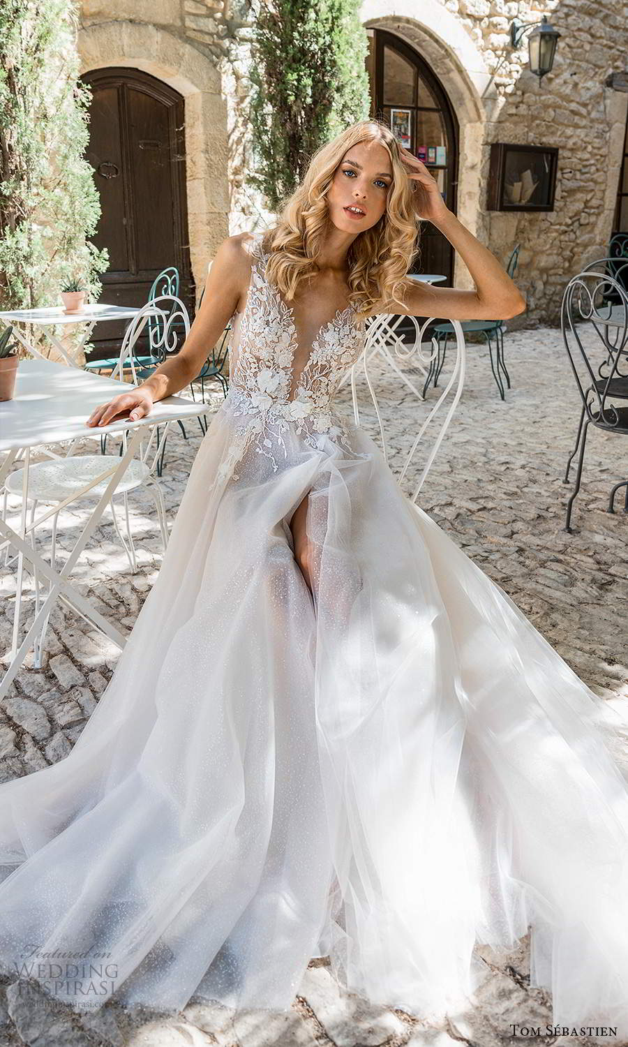 tom sebastien 2021 bridal provence off shoulder straps sweetheart neckline heavily embellished bodice a line ball gown wedding dress chapel train slit skirt v back (1) zv 