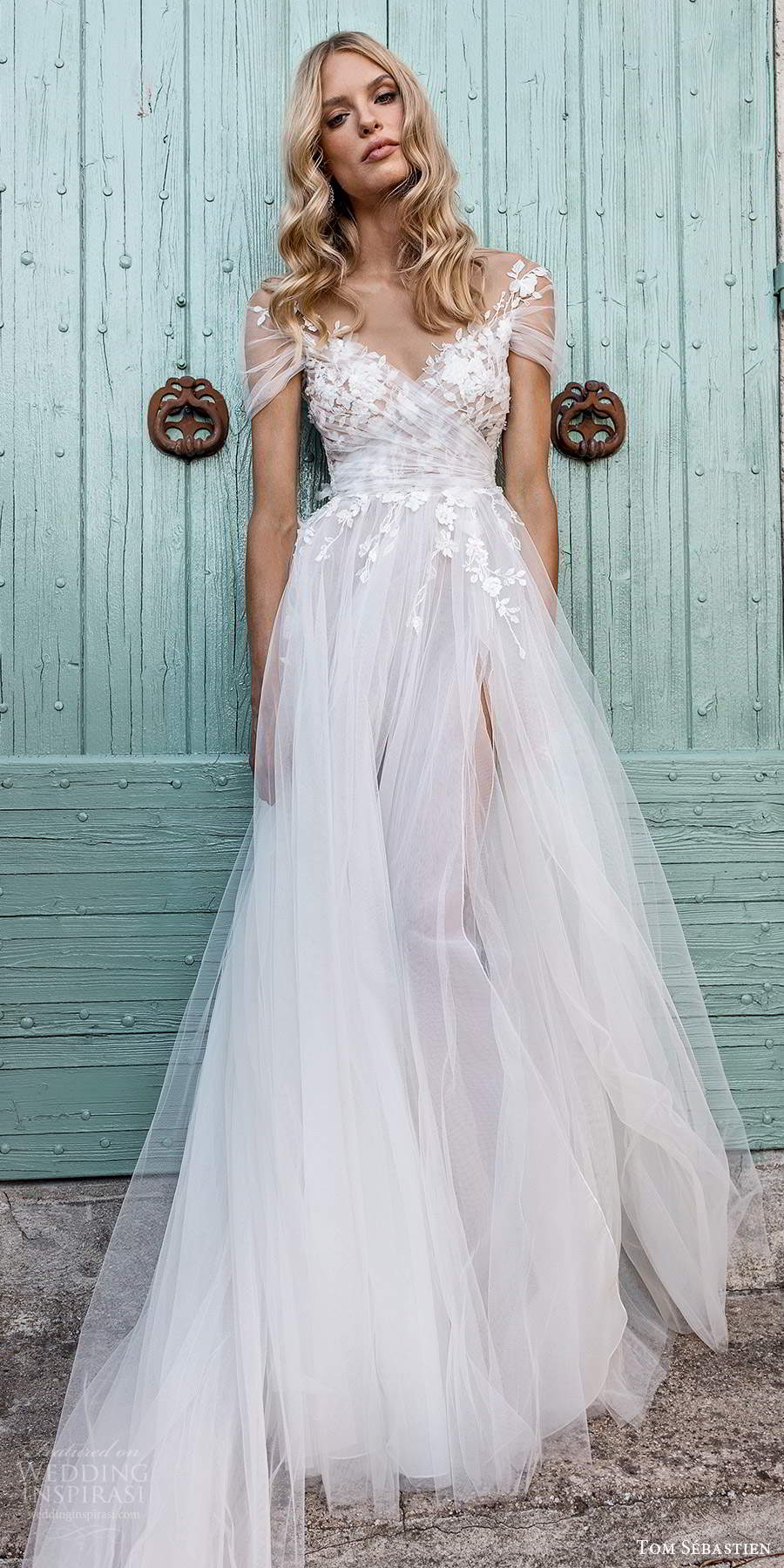 tom sebastien 2021 bridal provence sheer short sleeves surplice v neckline embellished ruched bodice a line ball gown wedding dress chapel train (13) lv