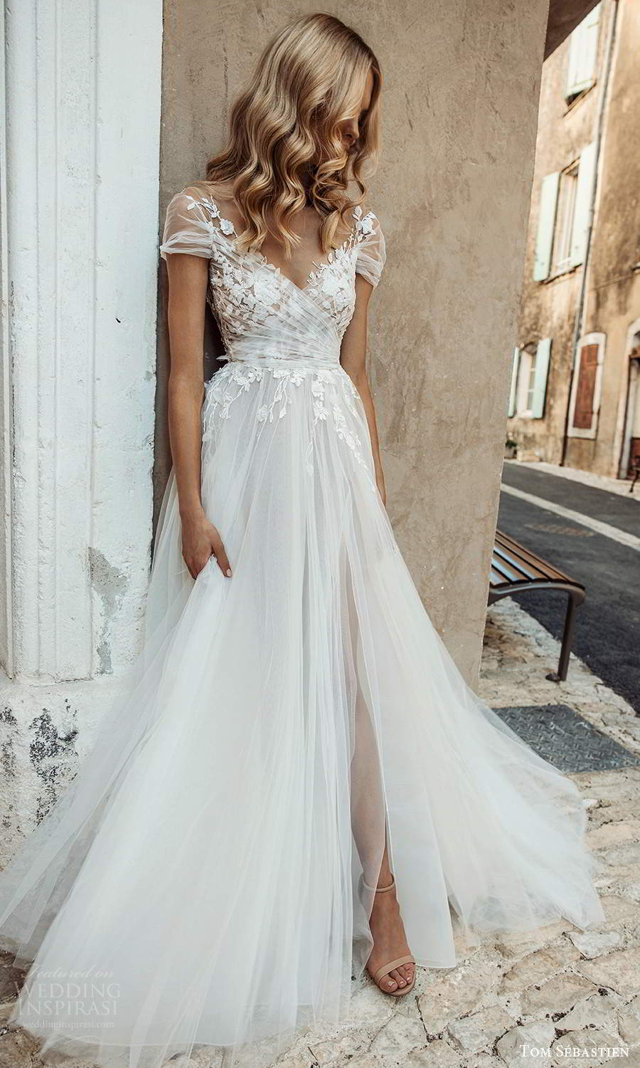 tom sebastien 2021 bridal provence sheer short sleeves surplice v neckline embellished ruched bodice a line ball gown wedding dress chapel train (13) mv