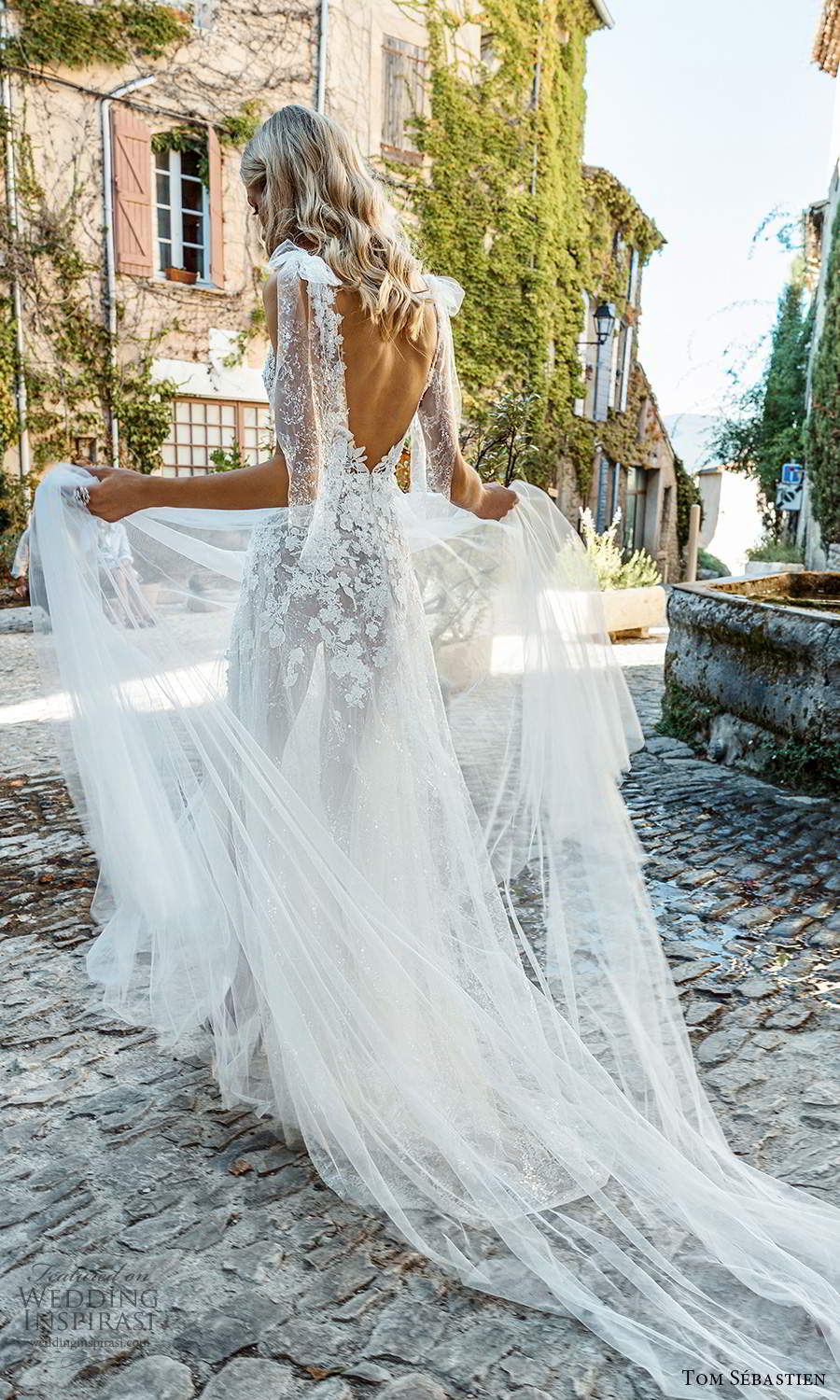 tom sebastien 2021 bridal provence sleeveless bow straps v neckline heavily embellished lace bodice a line ball gown wedding dress chapel train v back (6) bv