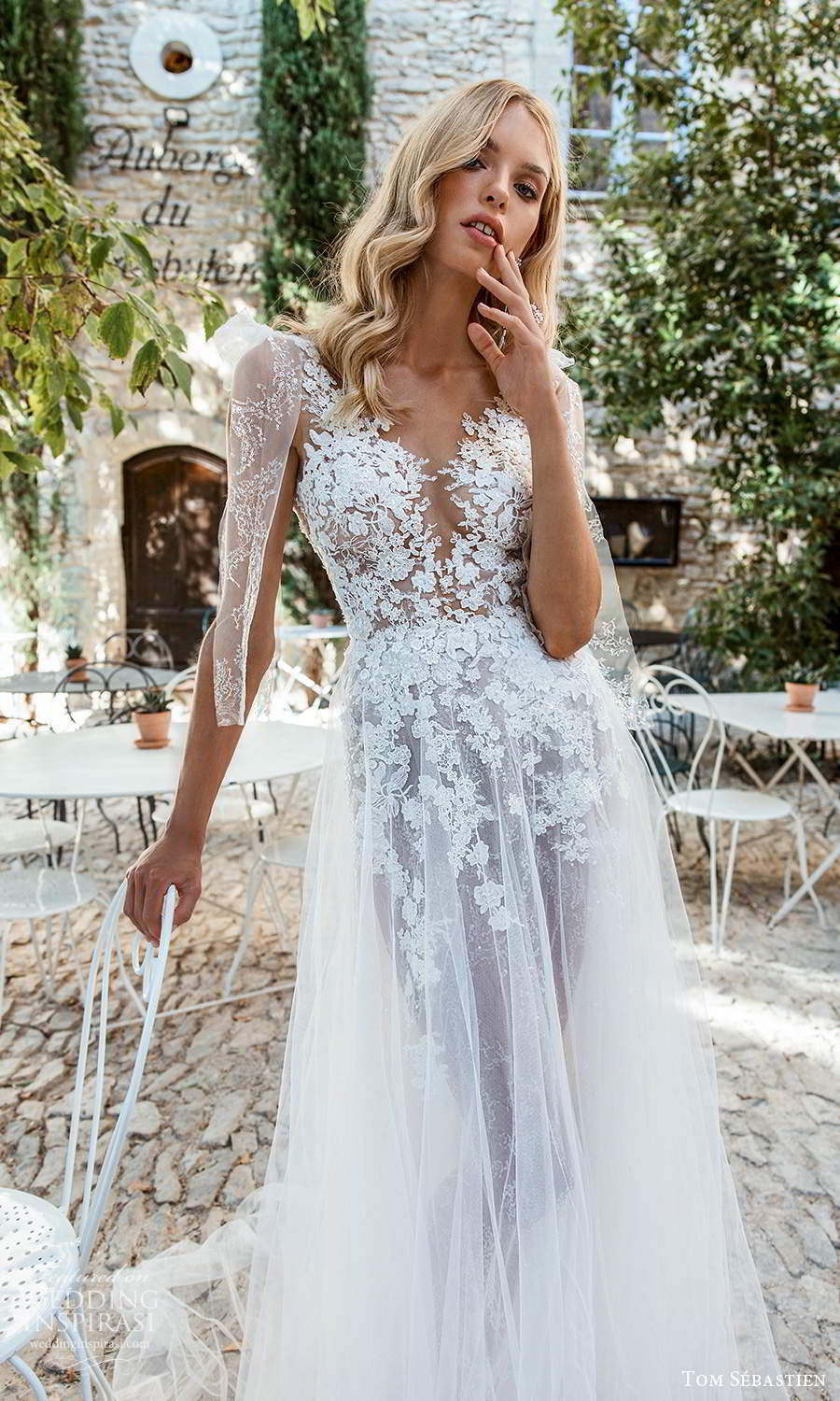 tom sebastien 2021 bridal provence sleeveless bow straps v neckline heavily embellished lace bodice a line ball gown wedding dress chapel train v back (6) zv