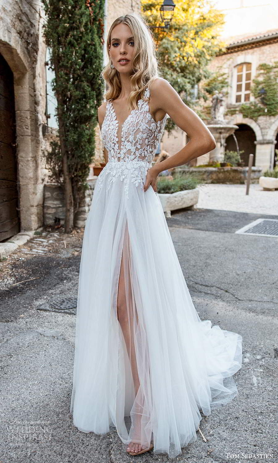 tom sebastien 2021 bridal provence sleeveless straps plunging v neckline embellished bodice a line ball gown wedding dress chapel train slit skirt (11) fv