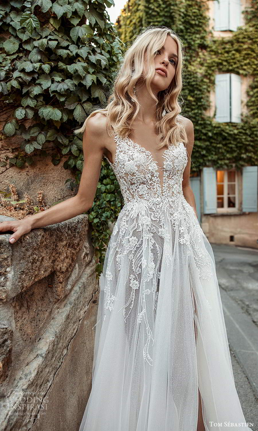 tom sebastien 2021 bridal provence sleeveless straps plunging v neckline embellished lace neckline a line ball gown wedding dress slit skirt chapel train (12) mv