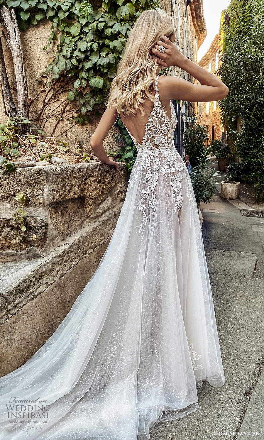 tom sebastien 2021 bridal provence sleeveless straps plunging v neckline embellished lace neckline a line ball gown wedding dress slit skirt chapel train v back (12) bv