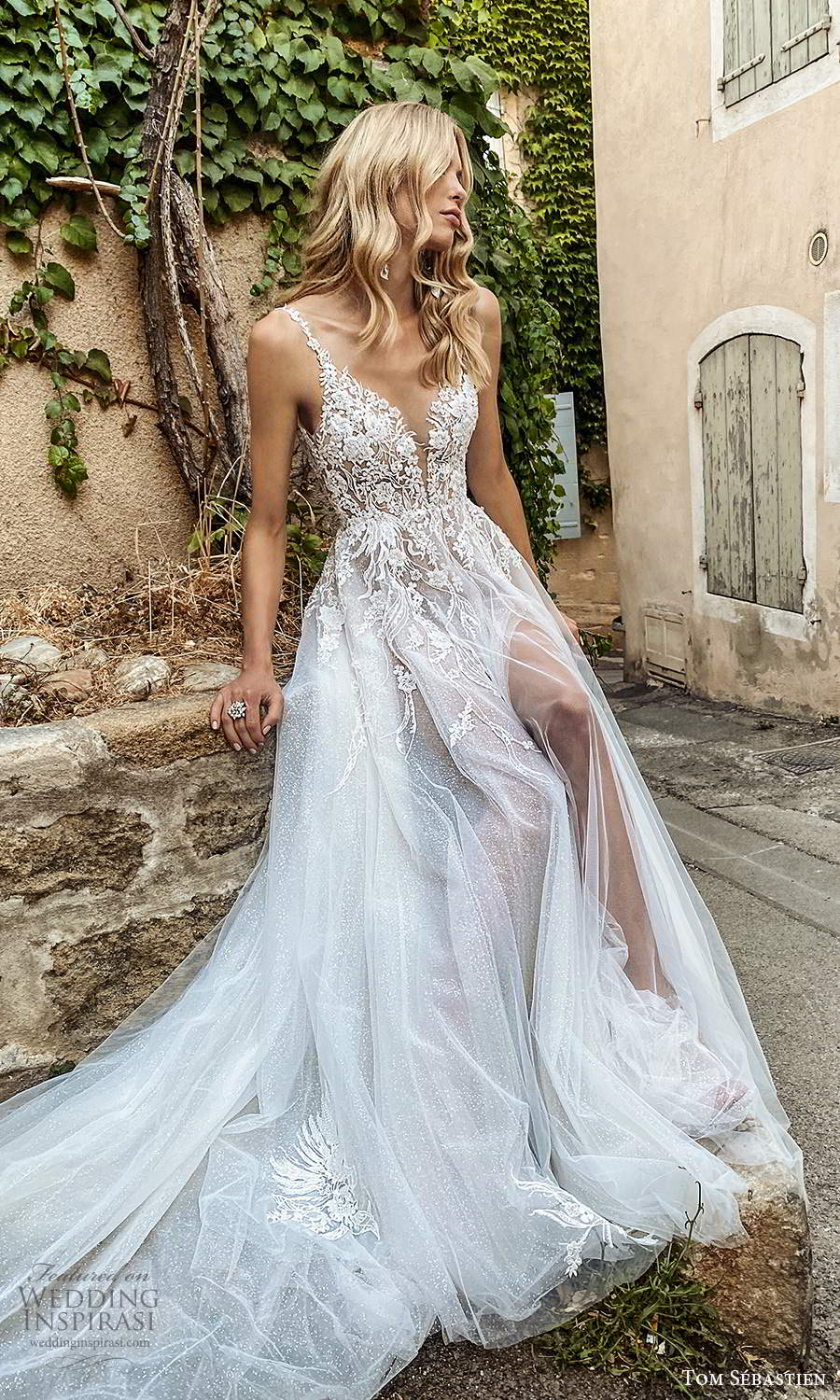 tom sebastien 2021 bridal provence sleeveless straps plunging v neckline embellished lace neckline a line ball gown wedding dress slit skirt chapel train v back (12) mv