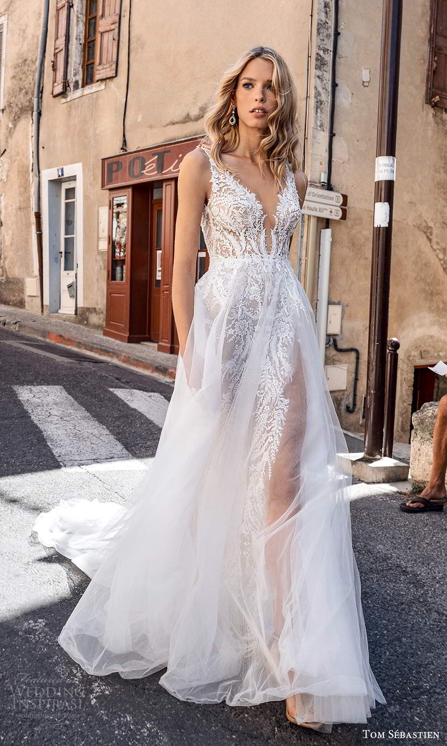 tom sebastien 2021 bridal provence sleeveless straps plunging v neckline fully embellished lace sheath wedding dress sheer a line overskirt chapel train (14) mv