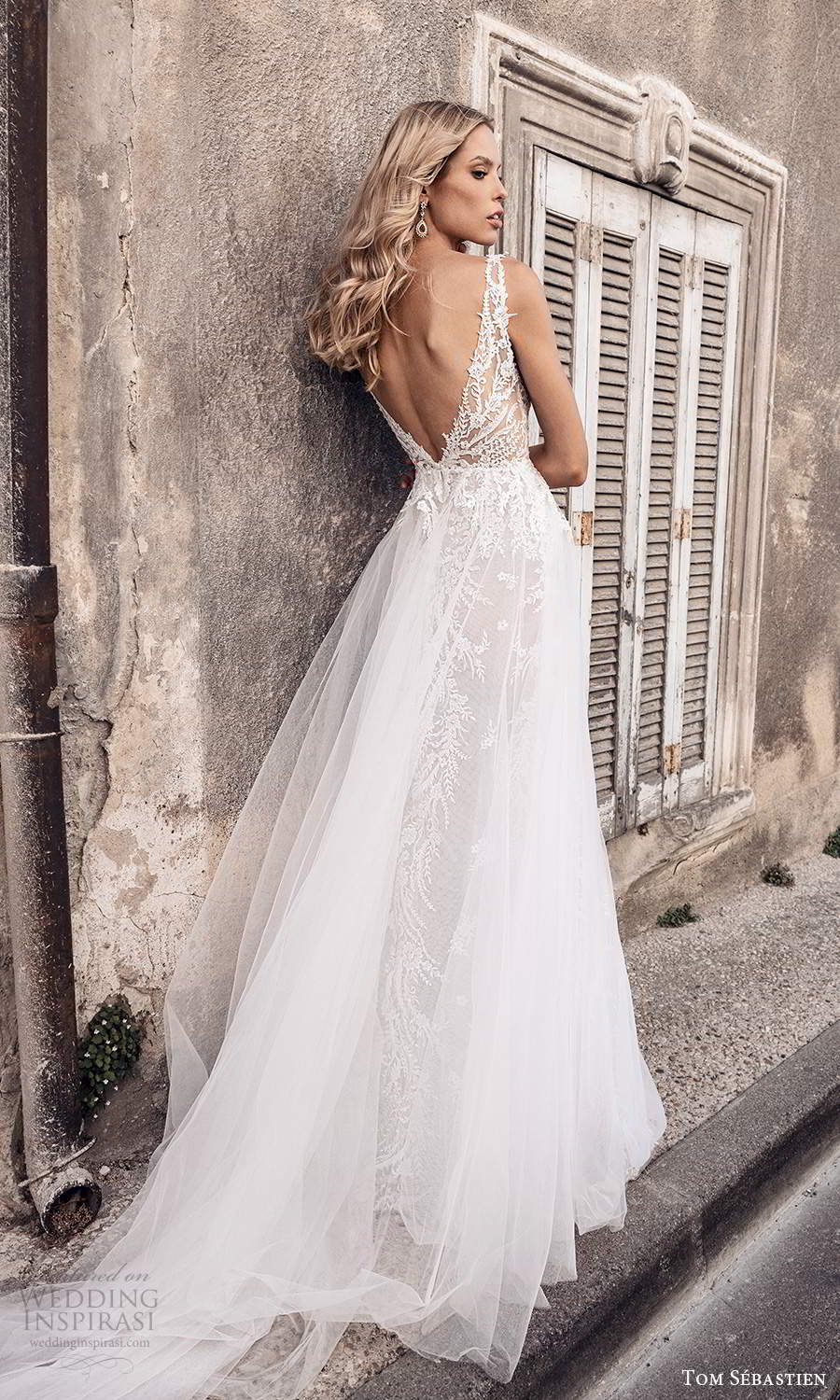 tom sebastien 2021 bridal provence sleeveless straps plunging v neckline fully embellished lace sheath wedding dress sheer a line overskirt chapel train v back (14) mv