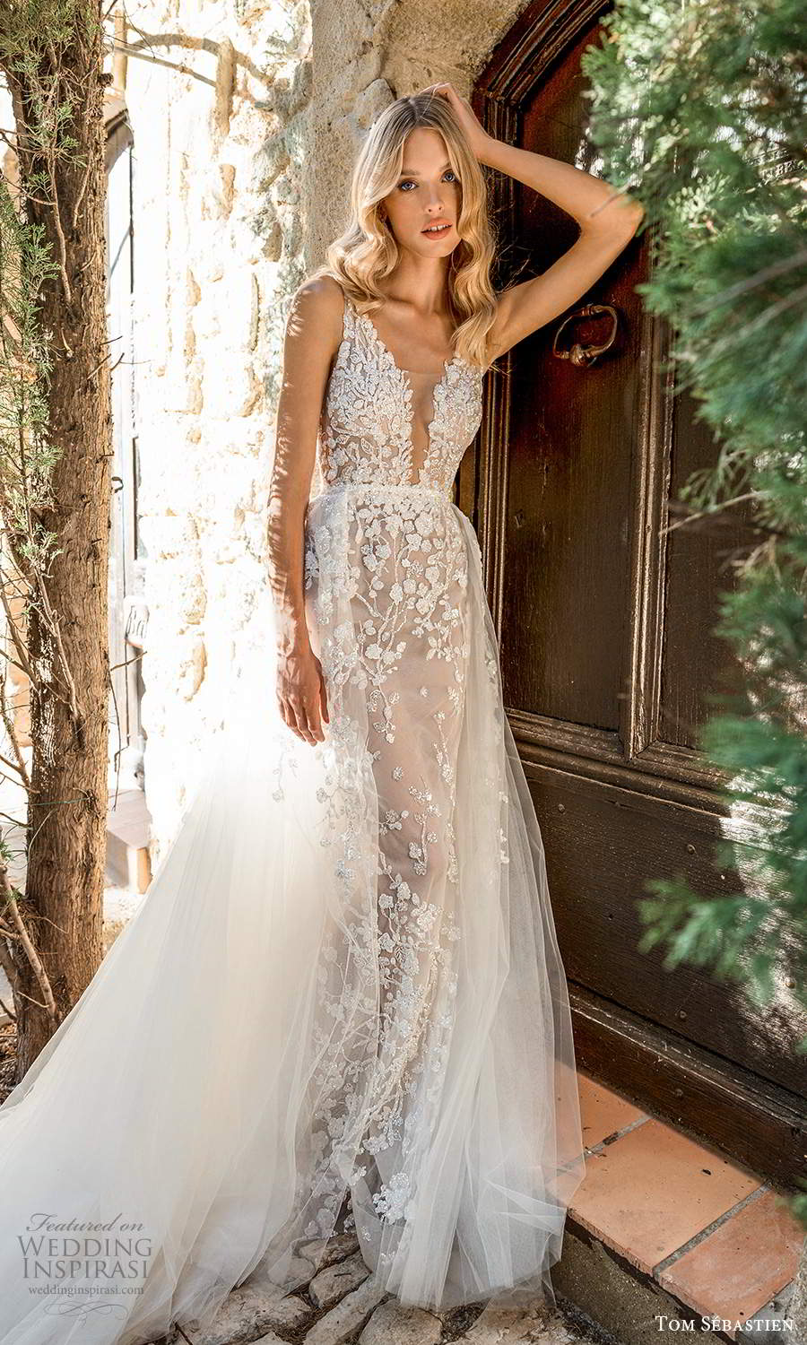 tom sebastien 2021 bridal provence sleeveless straps plunging v neckline fully embellished lace wedding dress a line ball gown overskirt chapel train (3) mv