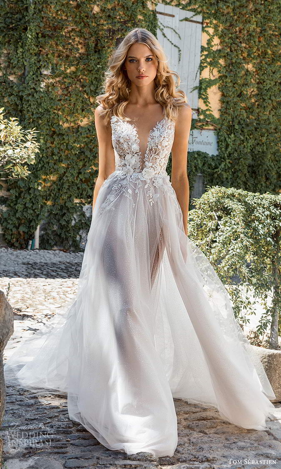 tom sebastien 2021 bridal provence sleeveless straps plunging v neckline heavily embellished bodice a line ball gown wedding dress slit skirt chapel train (2) mv