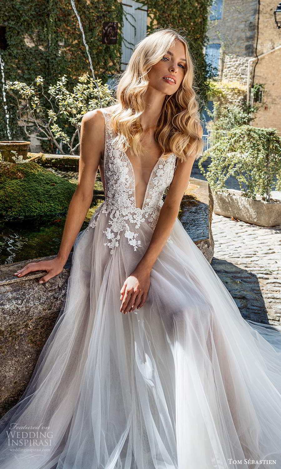 tom sebastien 2021 bridal provence sleeveless straps plunging v neckline side cutout embellished lace bodice a line ball gown wedding dress chapel train v back (9) zv