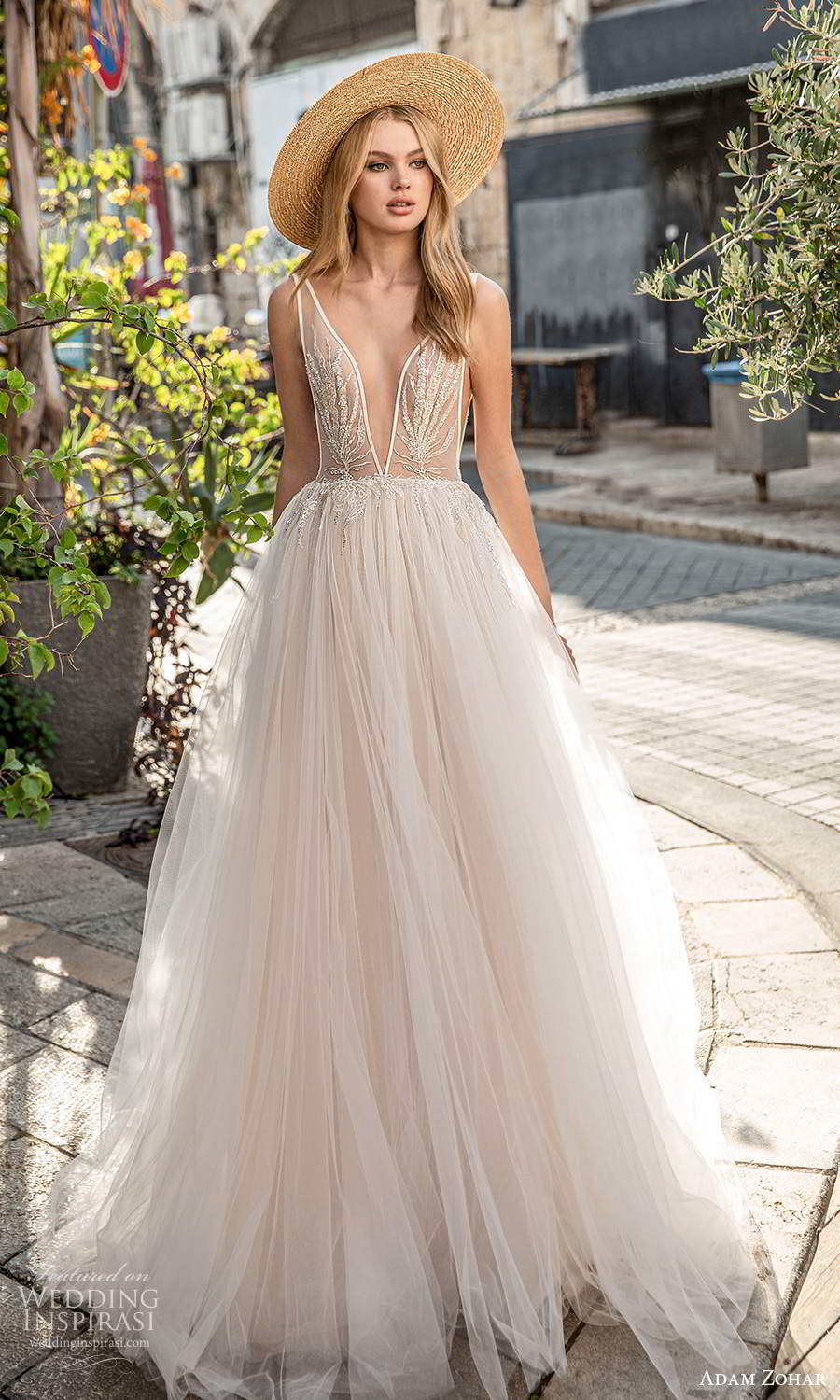 adam zohar 2021 lago bridal sleeveless straps plunging v neckline embellished bodice a line ball gown wedding dress chapel train blush (3) mv